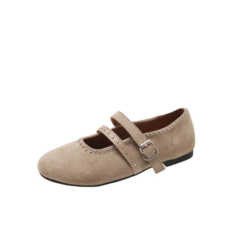 Fashion Fashion Suede Single Shoes Autumn New Round Toe Shallow Rivet Metal Buckle One-band Soft Sole Non-slip Low-top Shoes