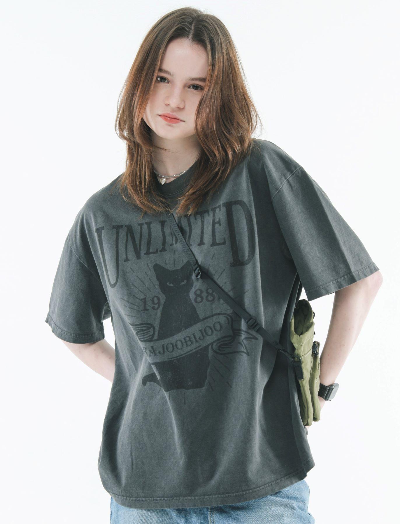 Bajubiju Unlimited Cat Pigment Over Fit Tee [Chacoal] M