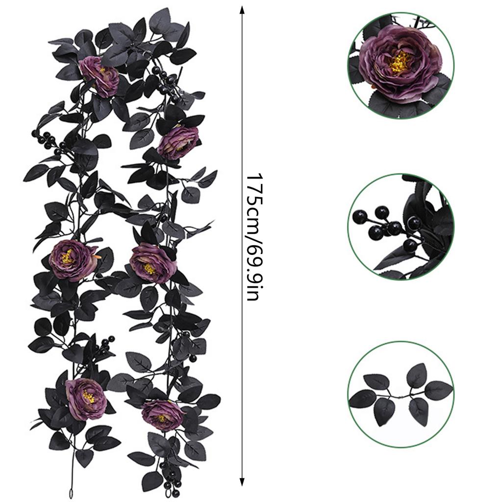Artificial Black Rose Vine For Halloween Decor Vintage Faux Flowers Decor Red Berries Plant Garland For Outdoor Home Wall Decor