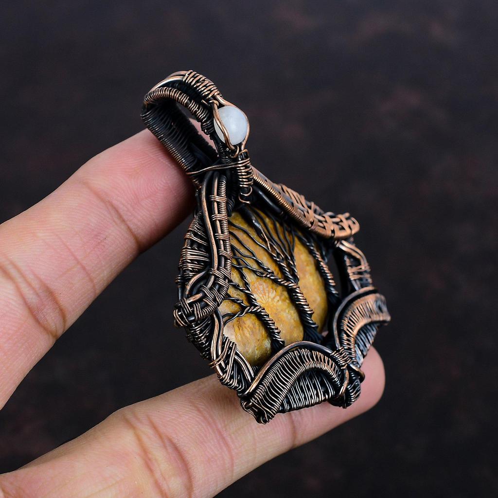 Baum des Lebens Fossil Koralle Anhänger Kupferdraht gewickelter Anhänger Regenbogenmondstein Edelsteinanhänger Handgefertigter Kupferdrahtschmuck Geschenke für Ihn