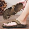 Leather Upper Cork TPR Soft Sole Men's Flip Flops Adjustable Buckle Slip On Flat Slippers with Arch Support Outdoor Beach Slides