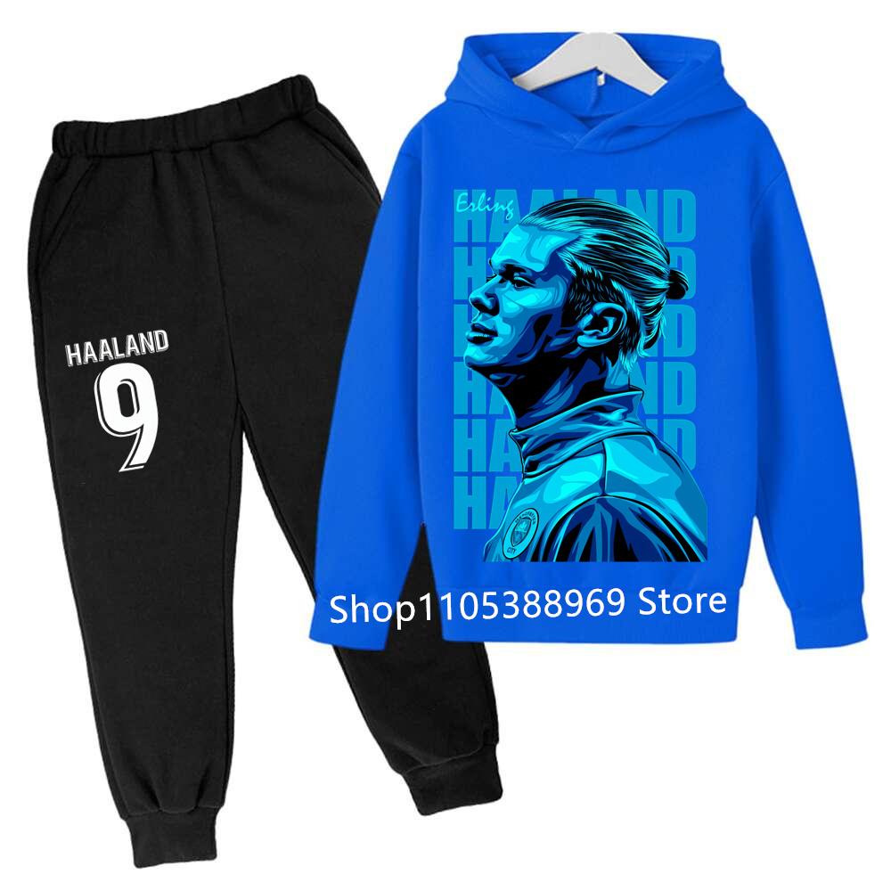 Boys Haaland Cartoon Football Tracksuit 2 Piece Hoodie and Jogger Pants Set Kids Graphic Print Sport Outfit