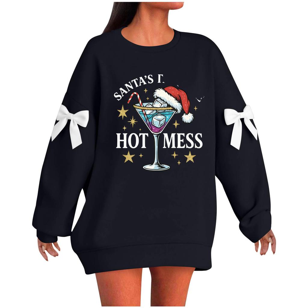 Ladies' Christmas Printed Bow Round Neck Long Sleeved Loose Pullover Sweater Sweatshirt Top