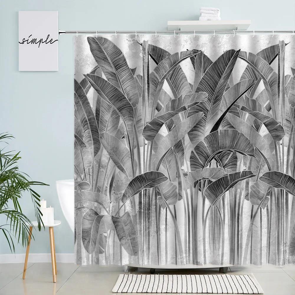 Tropical Plant Leaves Shower Curtains Creative Monstera Palm Banana Leaf Parrot Print Bath Curtain Set Bathroom Decor With Hooks