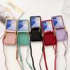 Applicable To Samsung Z Flip7 Mobile Phone Case Z Flip5 Folding Mobile Phone Solid Color Card Insert Leather Case Strap Diagonal Strap Rope
