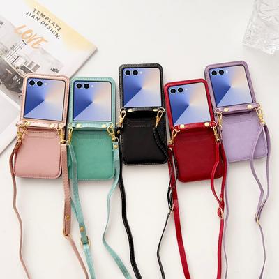 Applicable To Samsung Z Flip7 Mobile Phone Case Z Flip5 Folding Mobile Phone Solid Color Card Insert Leather Case Strap Diagonal Strap Rope
