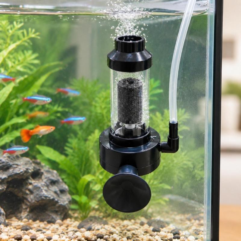 External-Pump Fish Filter with Suction-Cup Mount and Side Air Port for Clear Placement and Hose Attachment Inside