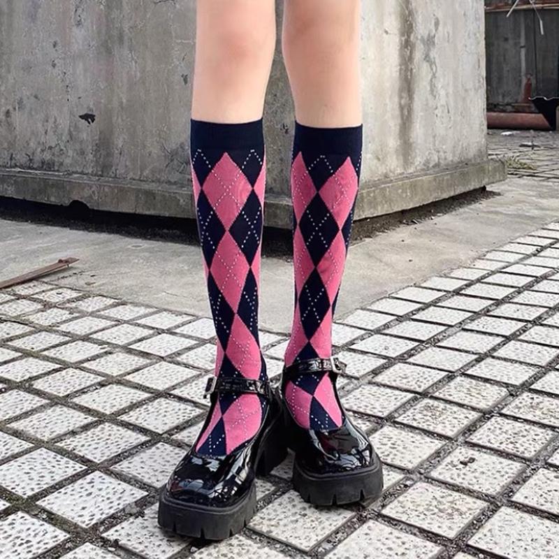 Colorful Spring Pattern ins fashion Diamond plaid Knee socks women Party Queen knee-high stockings Over Knee long ladies girls