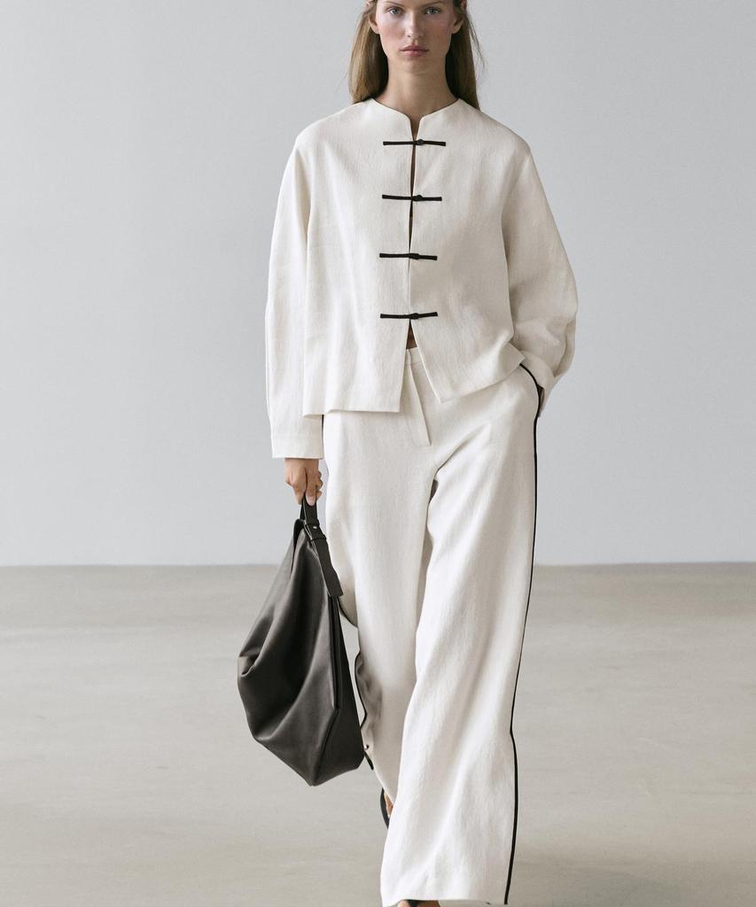 Masimodutti Contrast Trimmed Linen Pants