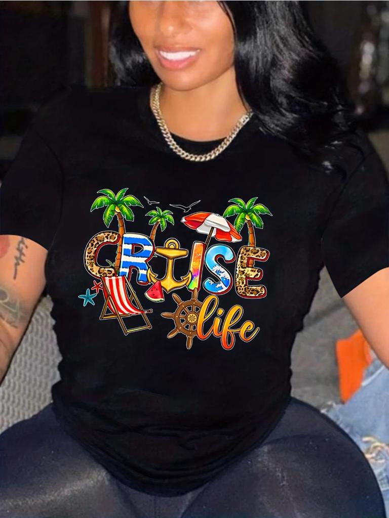 White Versatile Cruise Life 3D Print Crew Neck T-shirt Casual Short Sleeve Women's Clothing Round Neck Women's Clothing