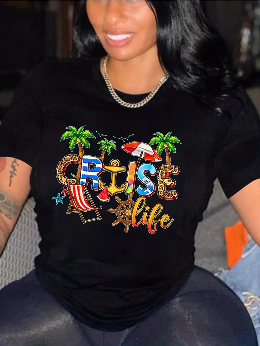 

Белая универсальная футболка с круглым вырезом Cruise Life с 3D-принтом, повседневная футболка с коротким рукавом, женская одежда с круглым вырезом 6XL чёрный