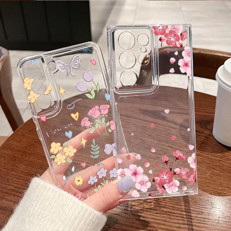 Flower Pattern Phone Case For Samsung Galaxy S26 S25 S24 S23 Ultra S22 Plus S24 S21 FE S25Edge Transparent Shockproof Soft Cover