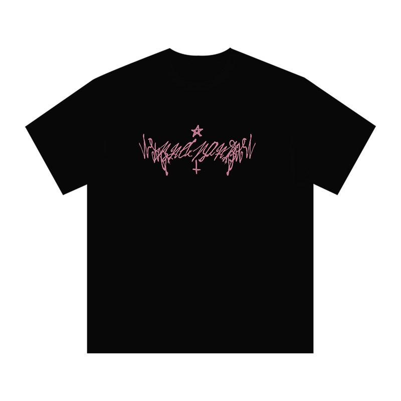 Unisexs Gothic Graffiti Graphic Tshirt With Pink Star Cross Print 2026 Summer Cotton Oversized Streetwear Tee For Alt Fans