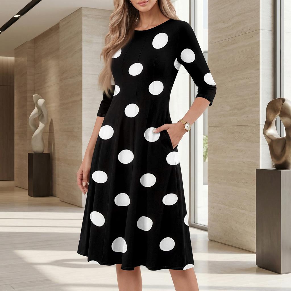 Women's Casual Fashion Round Neck Three Quarter Sleeve Polka Dot Printed Mid Length Dress Comfortable Loose Fit Everyday Wear