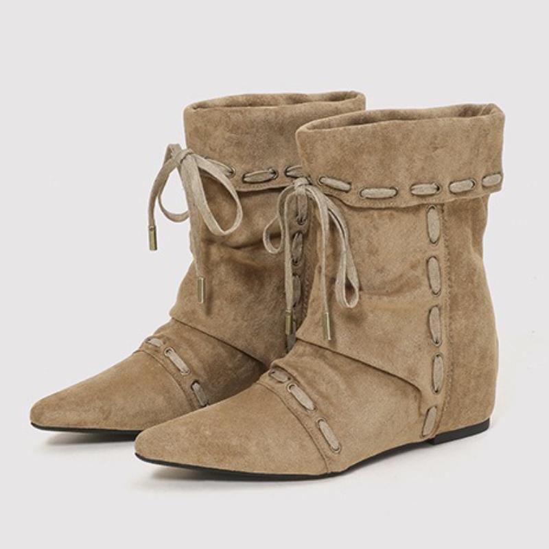 

Fashion Retro Pleated Lace-up Design Ankle Boots Women High Quality Faux Suede Brand Mid-calf Boots Fashion Pointy Toe Designer Boots 35 коричневый
