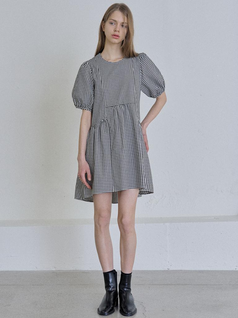 Avang Check Puff Shirring Mini Dress - Black