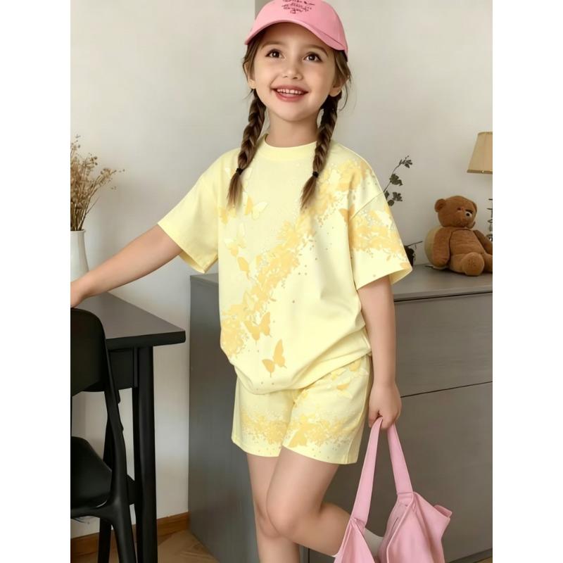 1615 Flame Retardant Digital 3D Swan Girls' Short Sleeve and Shorts Home Wear Set, Suitable for Girls Aged 3 To 8