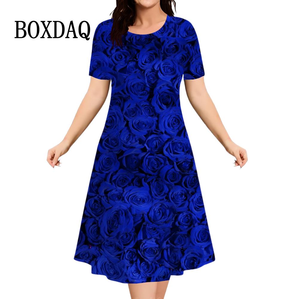 

3d Blue Red Rose Print Dress Women s Pullover Summer Casual Loose Retro Mini Short-sleeved Dress S