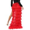 Women Tulle Tutu Long Skirt Multi-layer Ruffled Elastic Slit Mesh Cocktail Party Skirt for Beach Streetwear