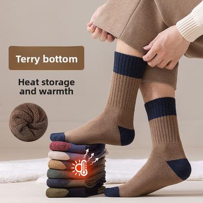 Herren Herbst- und Winter Verdickte Reine Baumwolle und Wolle Schlingen Socken für Wärme, Lange Frotteesohle Sport Colorblock Mid-Calf Socken