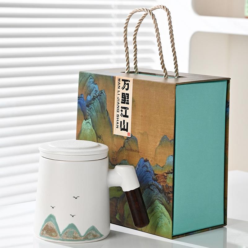 Hand Painted Thousands of Miles of Jiangshan Water Cup Merchandise Office Cup Business Teacup Set Ceramic Souvenir Small Gift
