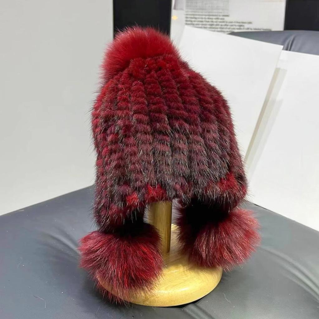 Mink Hair Women Hat Winter Thickened Warm Ear Protection Mink Woven Hat Fur Fox Ball Hat