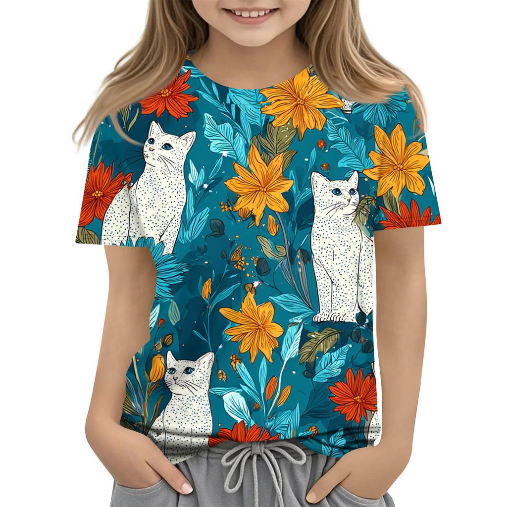 Children's Printed Round Neck Short Sleeved Casual T-shirt