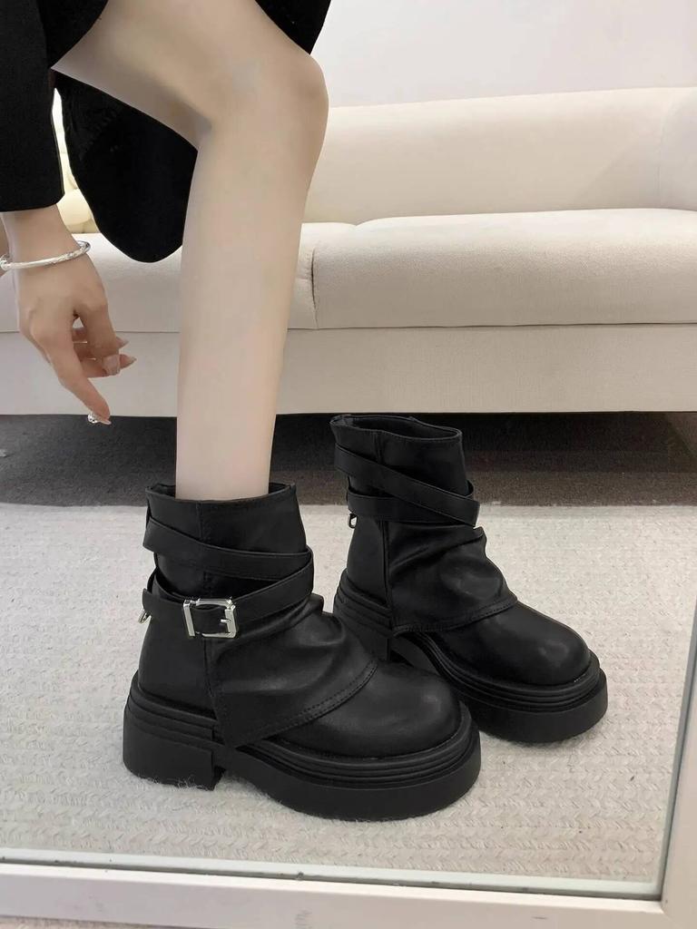New Women'S Boots Black Short Tube Chunky Heel Ankle Boots Spring Autumn Versatile British Retro Maillard Boots