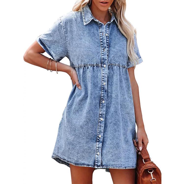 European-American Washed Denim Ruffle Dress with Turn-Down Collar