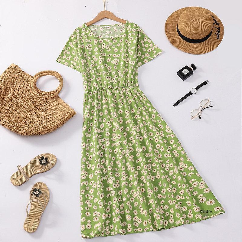 

Floral Print Summer Short Sleeve Mid-length Skirt for Mature Women M