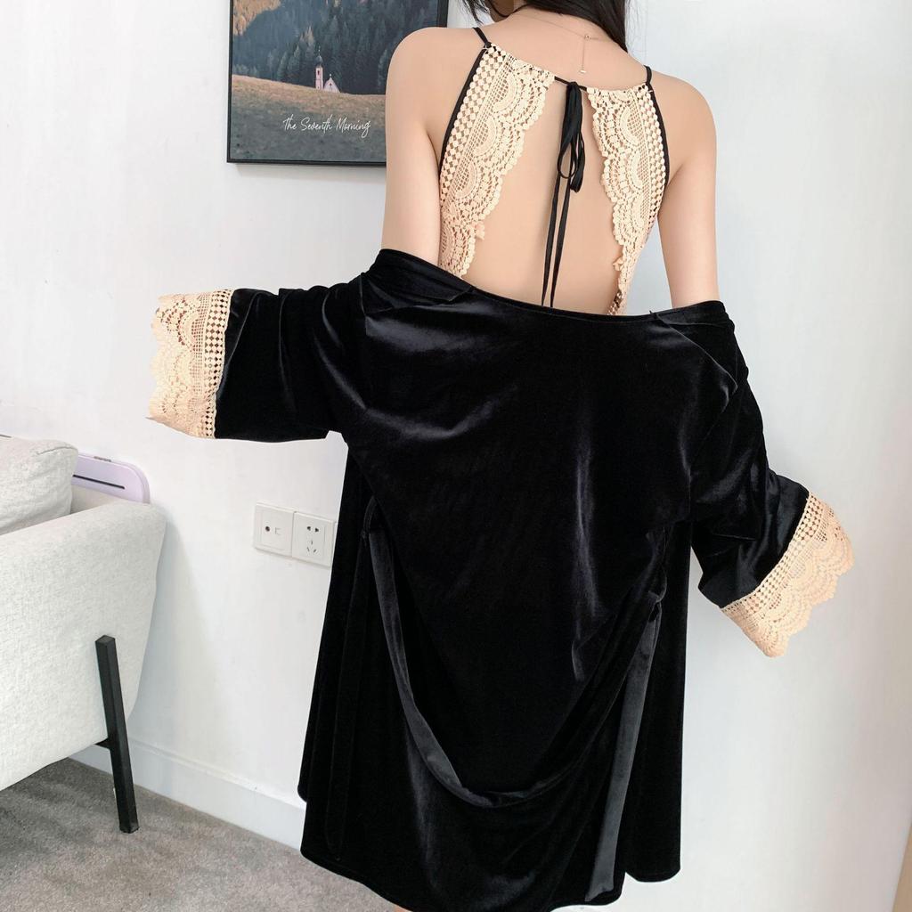 2025 Goldener Samt Sexy Spitzen Nachthemd Set für Frauen