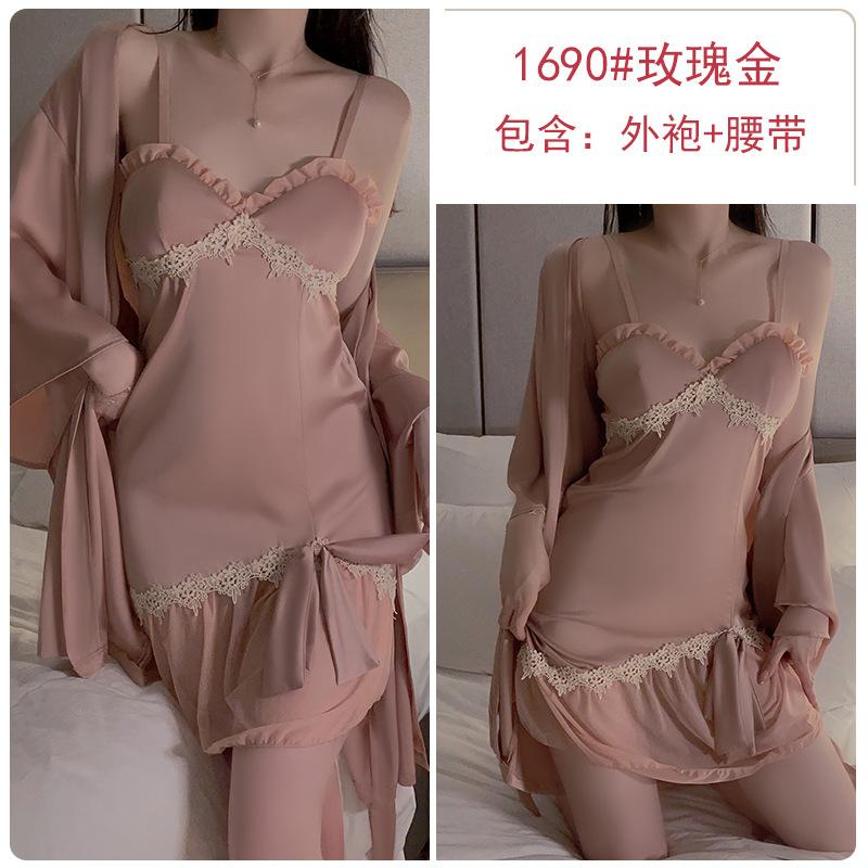 Women's Silky Breathable Push Up Padded Cami Sleep Dress with Robe Lounge Set