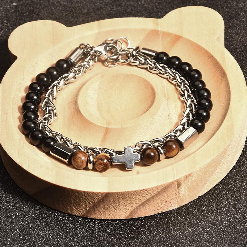 Mens Stainless Steel Beaded Bracelet With Lion Head Cross For Gift Giving