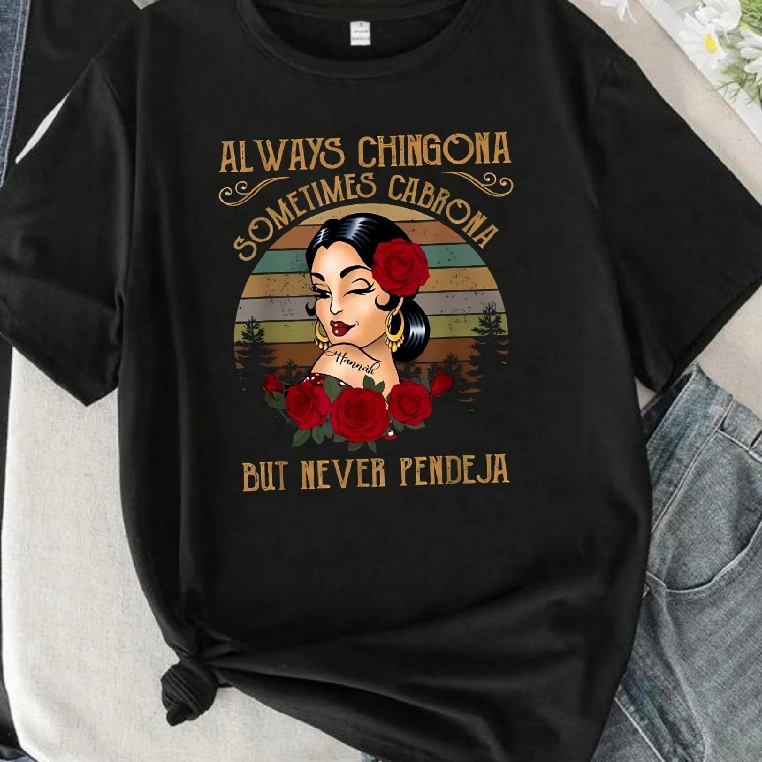 Женская футболка с круглым вырезом и принтом  ALWAYS CHINGONA , короткий рукав, модный принт, футболка с коротким рукавом, эластичная футболка XXXXXL разноцветный