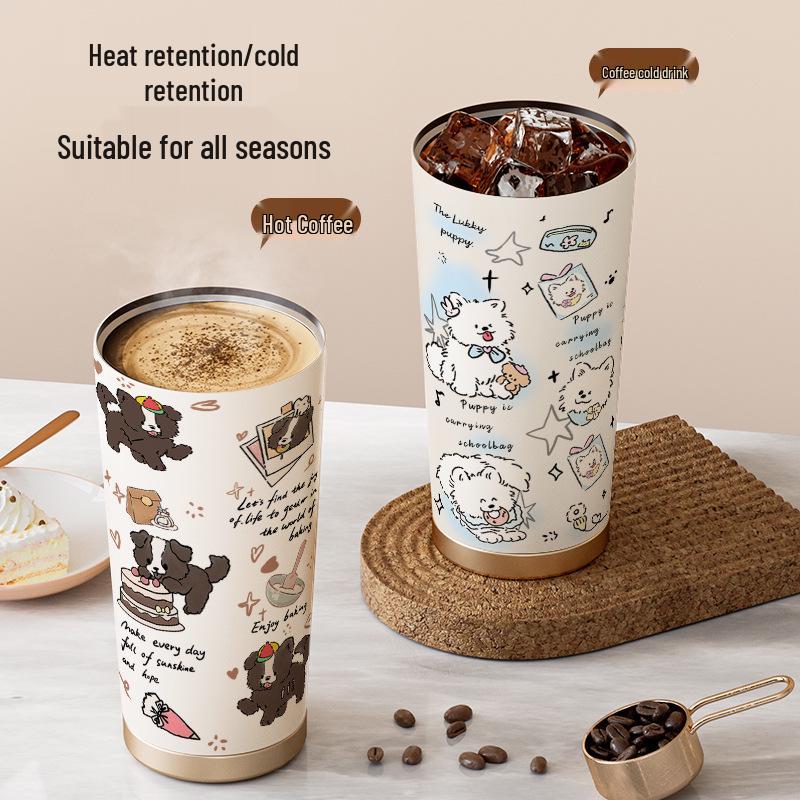 Happy Puppy Stainless Steel Insulated Coffee Cup - Portable, Student-Friendly Design for Men and Women