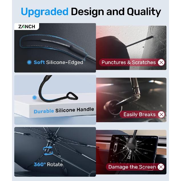 Zanch 2025 Upgraded Car Windshield Sun Shade [Cool Down By 75℉ ] With Heat Ulation Coating, Foldable Sunshade Umbrella With Flexible Handle & Ribs,