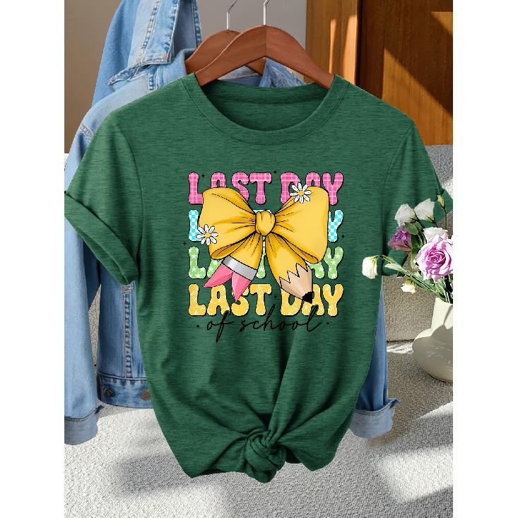 Women s Casual Elegant Style Yellow Bow Pencil Letter Print Pattern Casual Round Neck Women s Spring Summer T Shirt Fashionable for commuting S