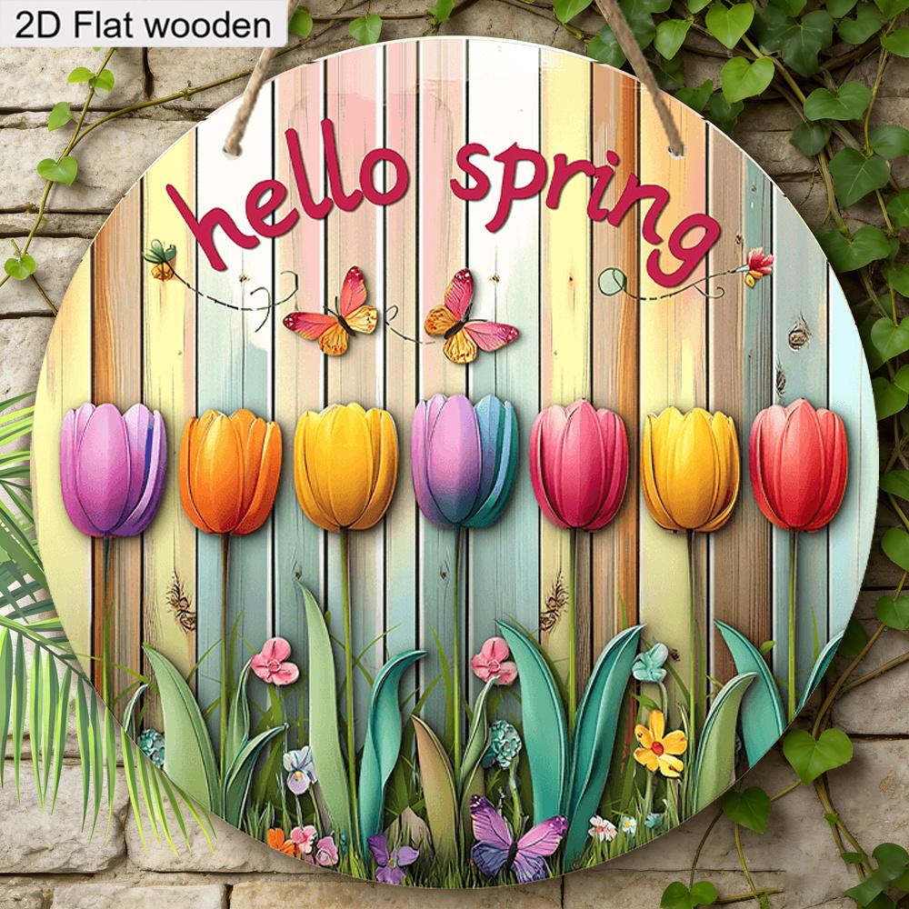 2D Flat, 1pc Hello Spring Colorful Tulip Wooden Hanging Sign Spring Party Ornament Perfect for Home Wall and Entry Door Decoration Garden Decoration