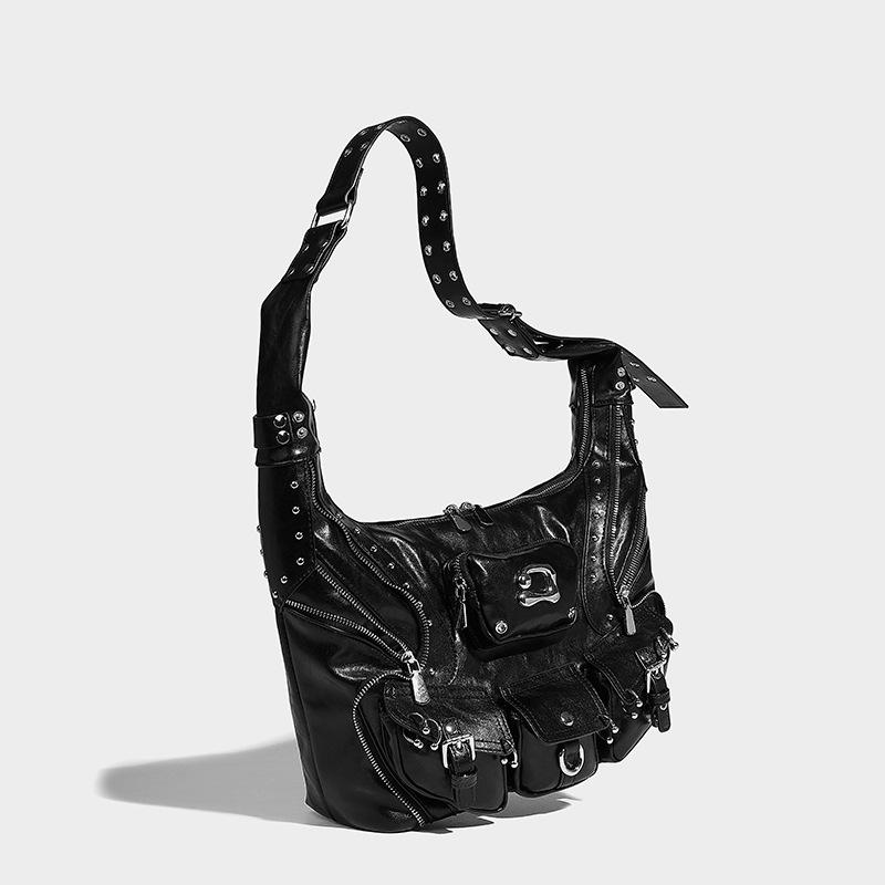 Sweet Cool Hot Girl Fashion Versatile Single Shoulder Underarm Motorcycle Bag Heavy-duty Rivet Multi-pocket Design Large Capacity Handbag