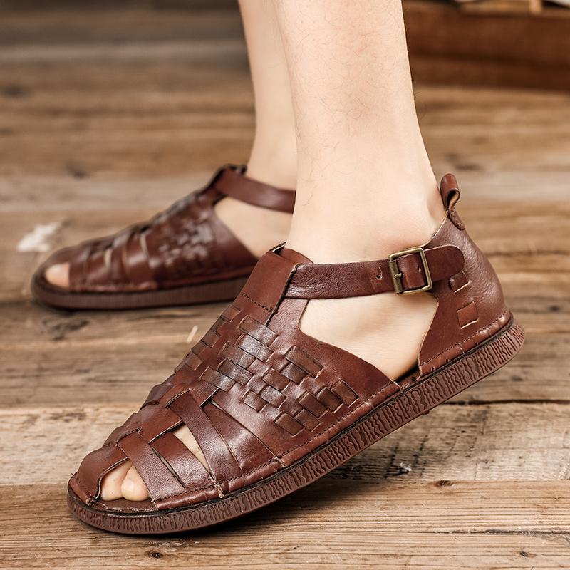 Sandals Summer Men Cozy Hollow Non-slip Soft Cool Sandals Lighted Breathable Classic Wearable Fashion Genuine Leather Sandals