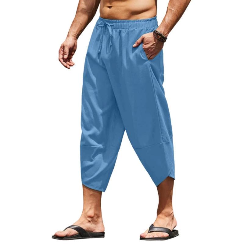 Men's Cotton and Linen Solid Color Loose Drawstring Seven Quarter Pants Casual Shorts