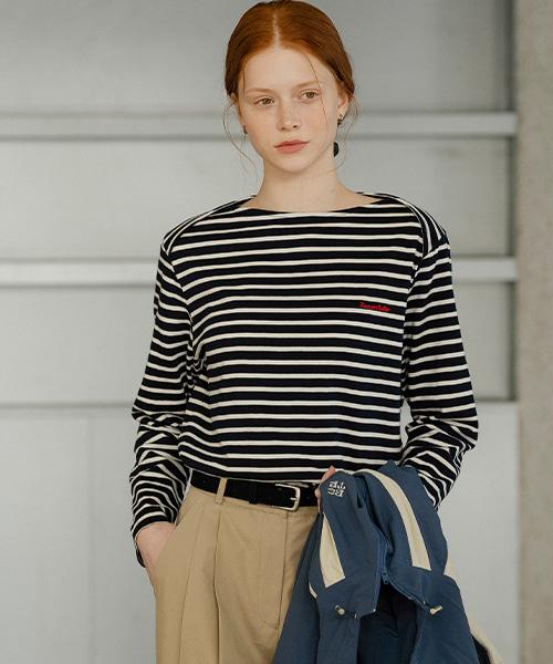 Nounbeleo Stripe Cover Shoulder Boat Neck T-Shirt_Navy