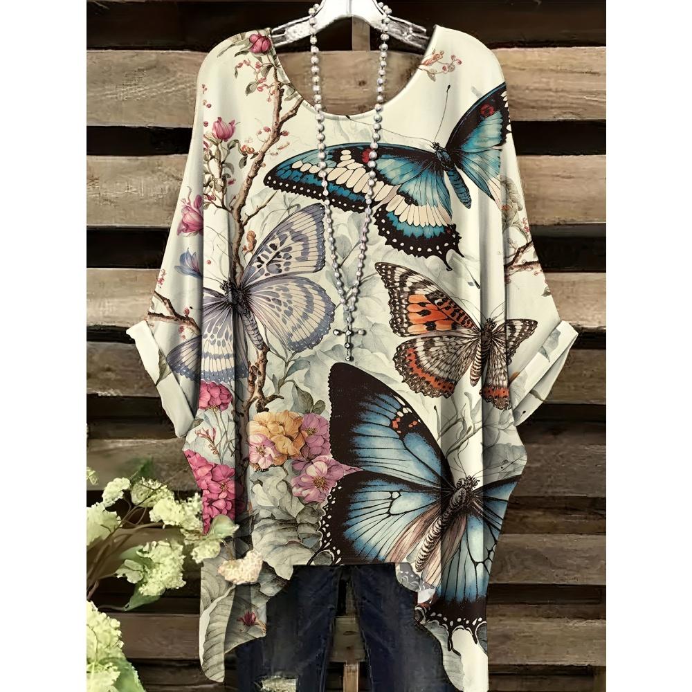 Stor T-shirt för kvinnor med fjärilstryck Sommar Bekväm Lös Rundhals Kortärmad Topp Y2k Mode Street Vintage Kläder