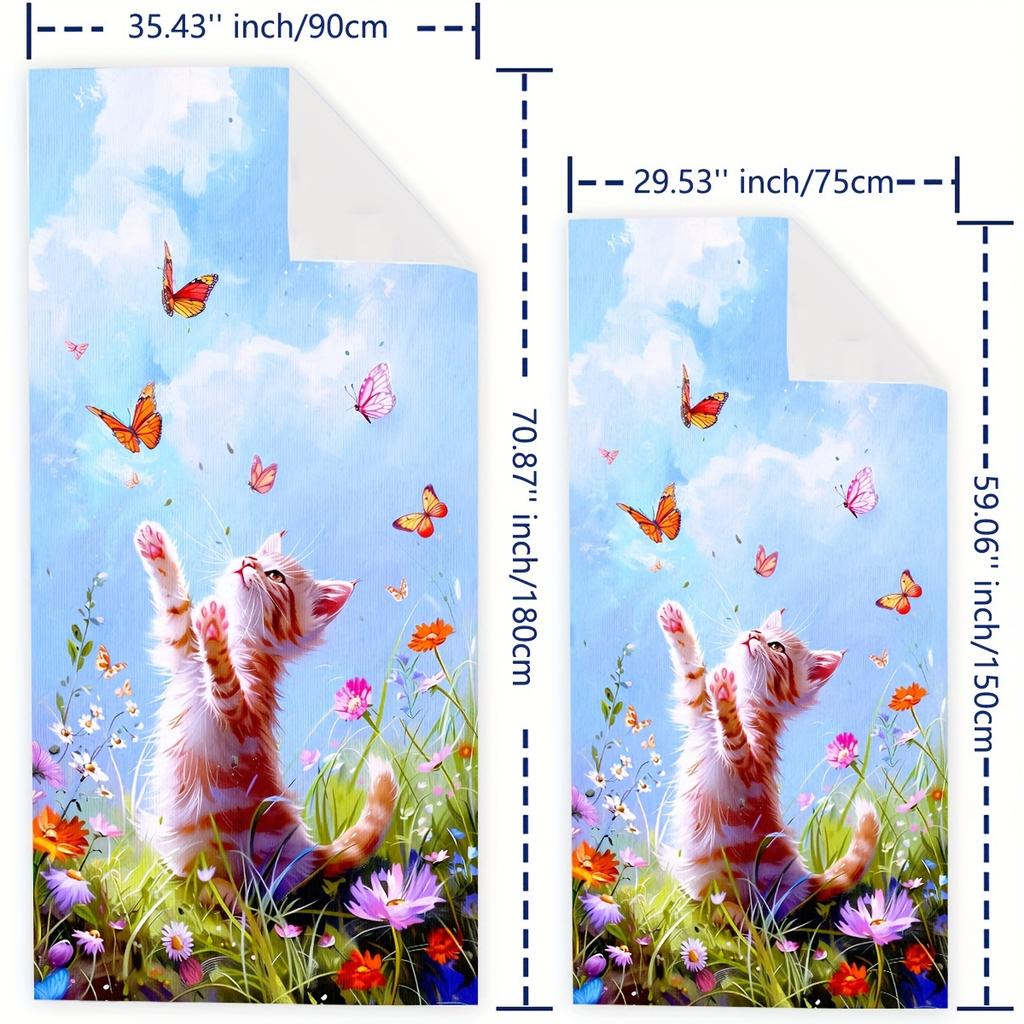 Cute Cat Cartoon Beach Towel Large Soft Absorbent Polyester Towel For Swimming Travel Camping Machine Washable Rectangular Shape
