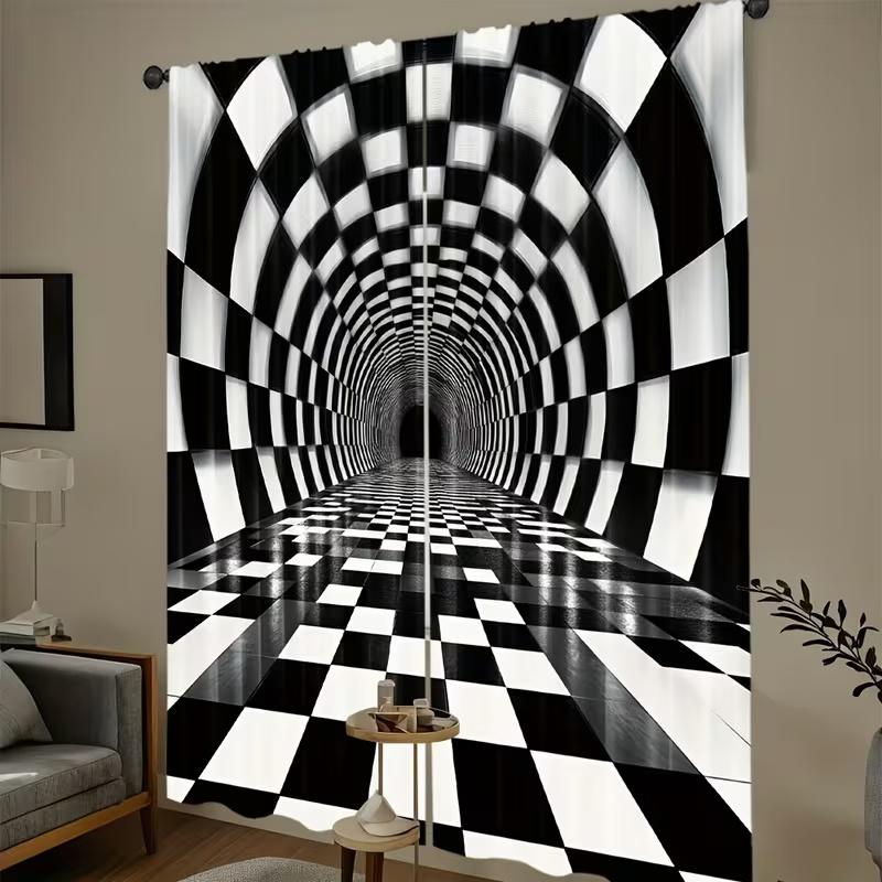 2Pcs Black and White Square Print Curtains,suitable for Bedroom,living Room Kitchen Decoration,home Decoration,window Decoration