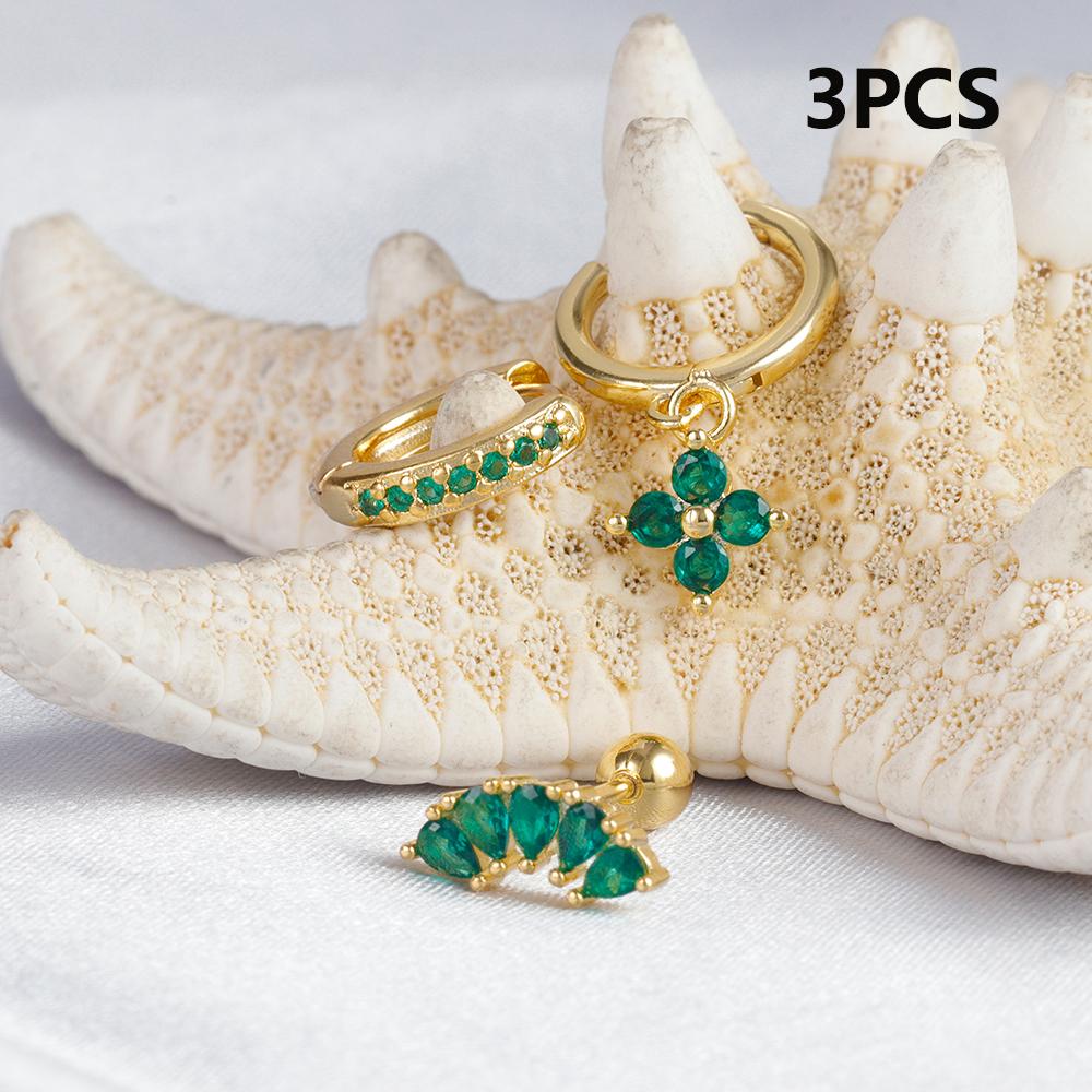 3PCS Green Zircon Flower Hoop Earrings Women Tiny Stainless Steel Round Circle Cartilage Piercing Earring Fashion Jewelry Sets