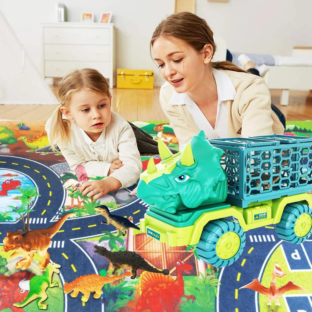 Large Dinosaur Truck Toys for Kids Jurassic Tyrannosaurus Rex Transport Car Carrier Truck with Dino Figures Eggs for Boys Girls