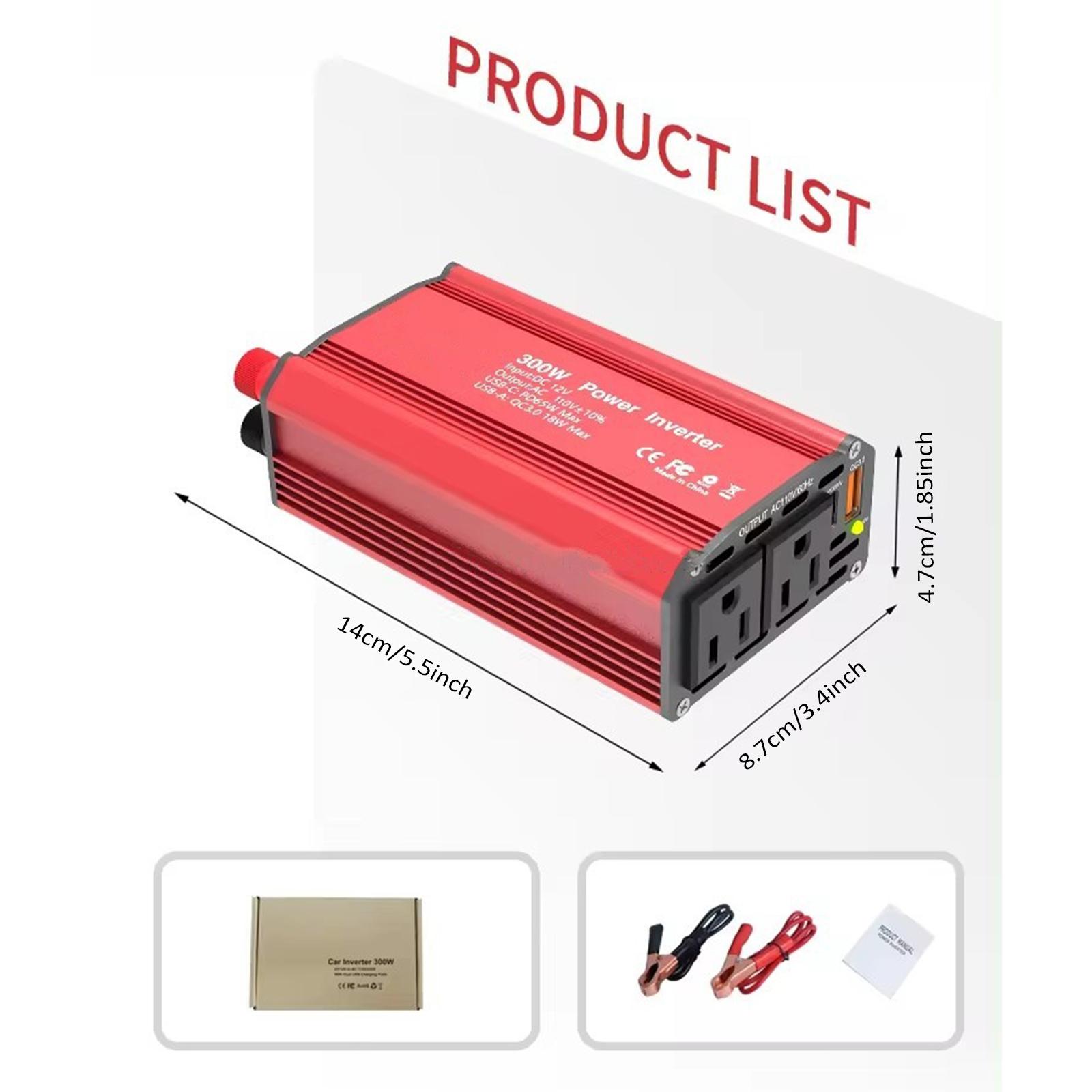 

Инвертор мощности 300 Вт 12 В постоянного тока в 110 В переменного тока Автомобильный преобразователь питания QC3.0 с PD65W USBC EU