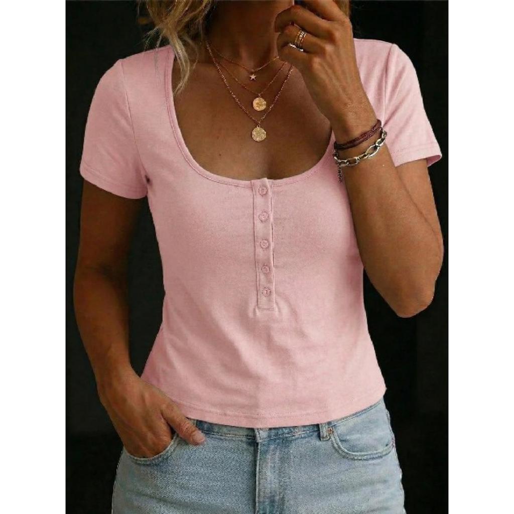 Summer Women's Solid Crop Top, Buttoned Square Neck Slim Fit Casual T-Shirt, Y2K Streetwear