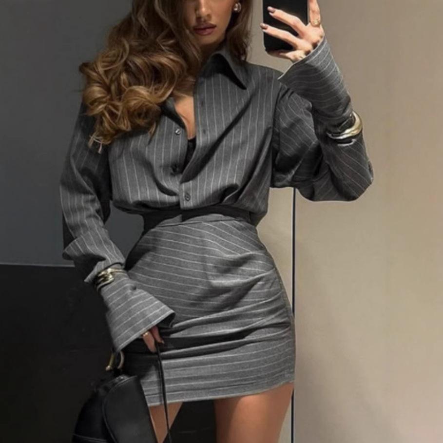 2026 Spring and summer new striped top short skirt two-piece temperament casual suit